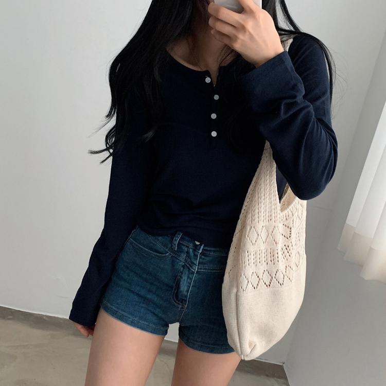 말라보이는 버튼 찰랑 티셔츠 4color 네이비