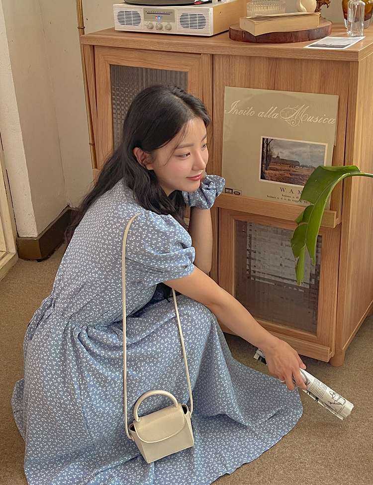 SET]フラワーVネック半袖ワンピース+シュシュ｜ロングワンピース｜韓国