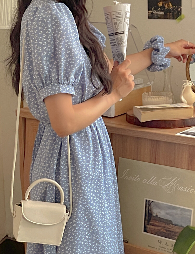 SET]フラワーVネック半袖ワンピース+シュシュ｜ロングワンピース｜韓国