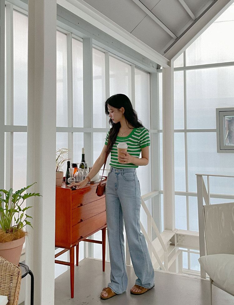 スクエアネックストライプ半袖ニット｜ニット｜韓国ファッション通販 SONA