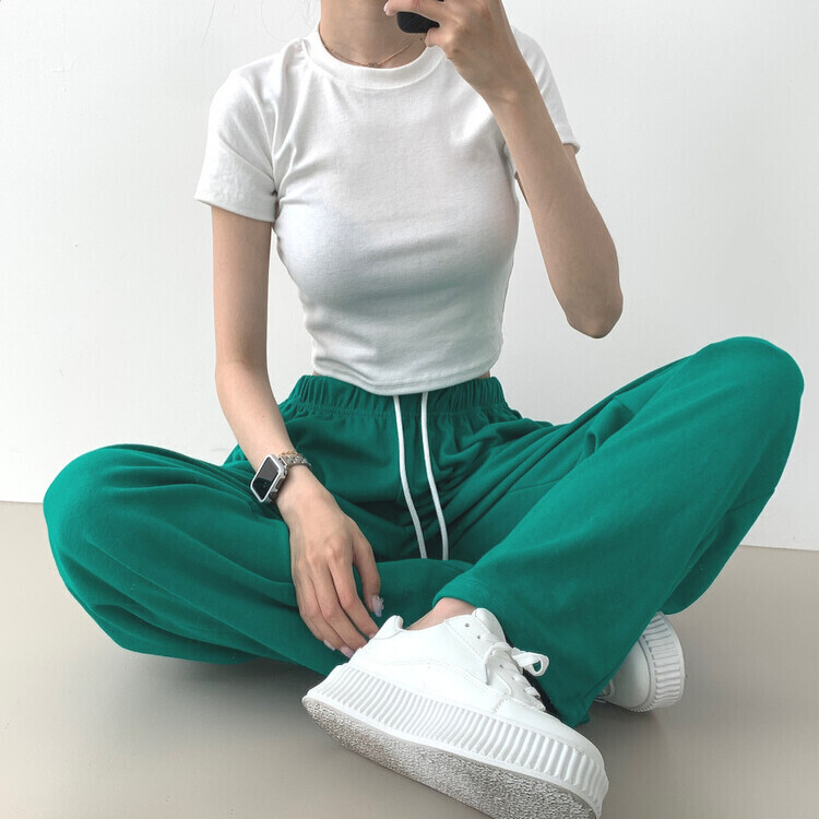 9Col비비드 컬러 롱와이드 밴딩 트레이닝 간절기 팬츠 그린