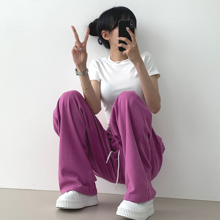 9Col비비드 컬러 롱와이드 밴딩 트레이닝 간절기 팬츠 퍼플