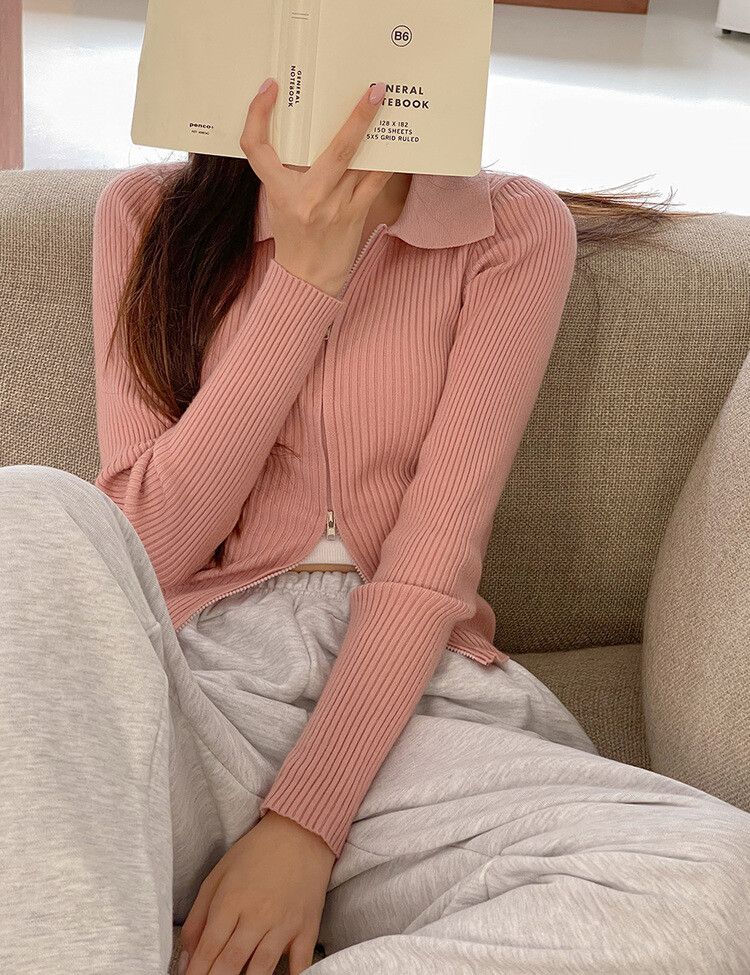 カラーネックジップアップリブニット｜ジャンパー｜韓国