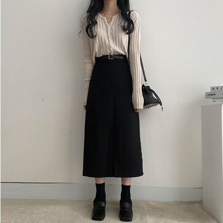 [SET]フロントスリットロングスカート+ベルト ブラック