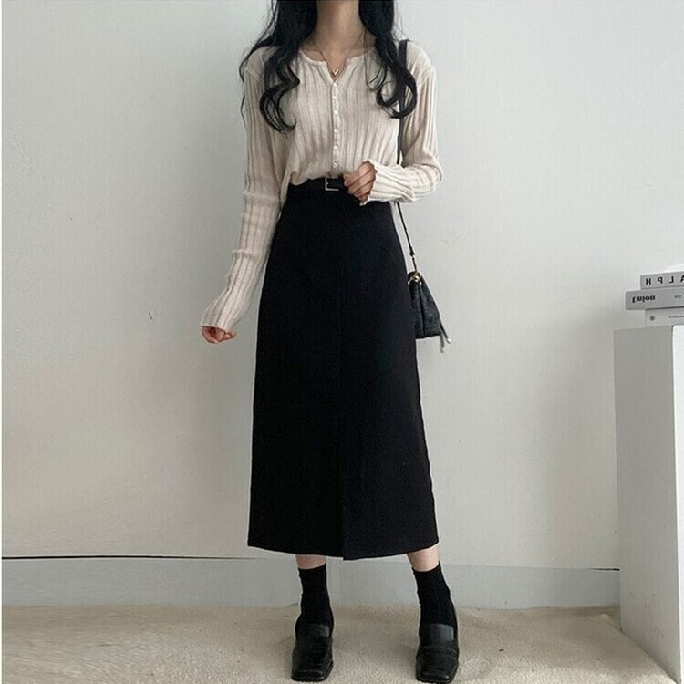 [SET]フロントスリットロングスカート+ベルト ブラック