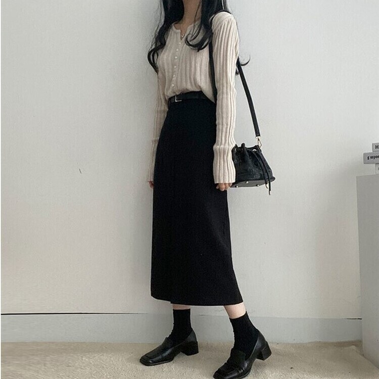 [SET]フロントスリットロングスカート+ベルト ブラック