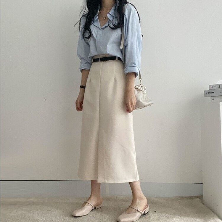 [SET]フロントスリットロングスカート+ベルト クリーム