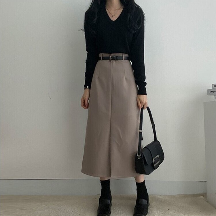 [SET]フロントスリットロングスカート+ベルト グレーベージュ