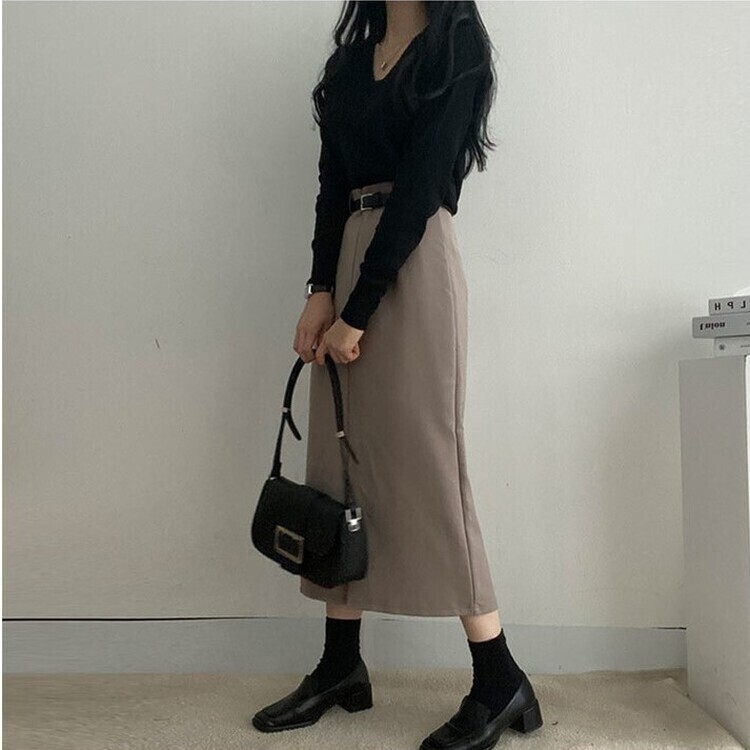 [SET]フロントスリットロングスカート+ベルト グレーベージュ