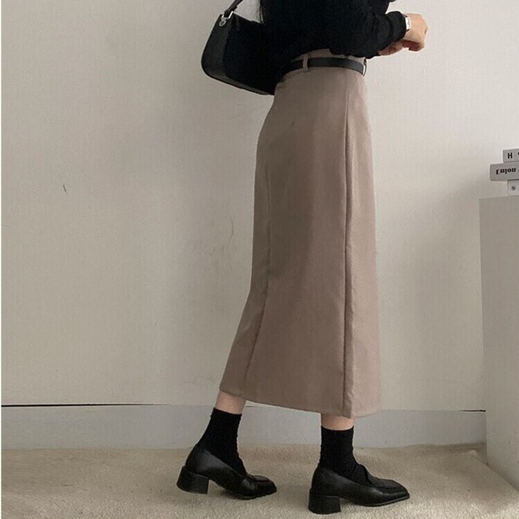 [SET]フロントスリットロングスカート+ベルト グレーベージュ