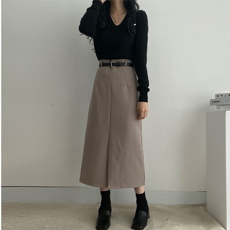 [SET]フロントスリットロングスカート+ベルト グレーベージュ