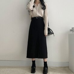 [SET]フロントスリットロングスカート+ベルト ブラック