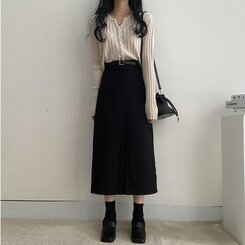 [SET]フロントスリットロングスカート+ベルト ブラック