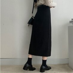 [SET]フロントスリットロングスカート+ベルト ブラック