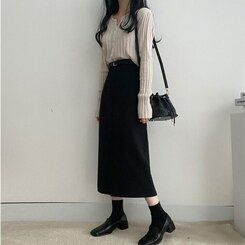 [SET]フロントスリットロングスカート+ベルト ブラック