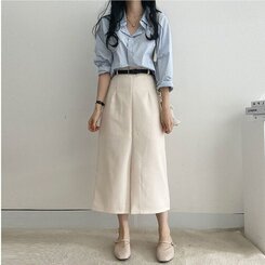 [SET]フロントスリットロングスカート+ベルト クリーム