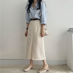 [SET]フロントスリットロングスカート+ベルト クリーム