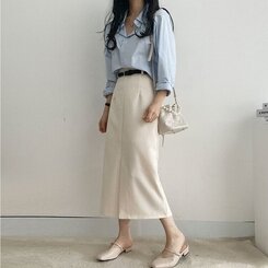 [SET]フロントスリットロングスカート+ベルト クリーム