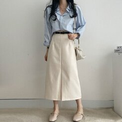 [SET]フロントスリットロングスカート+ベルト クリーム