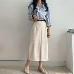 [SET]フロントスリットロングスカート+ベルト クリーム