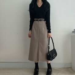 [SET]フロントスリットロングスカート+ベルト グレーベージュ