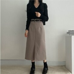 [SET]フロントスリットロングスカート+ベルト グレーベージュ