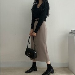 [SET]フロントスリットロングスカート+ベルト グレーベージュ