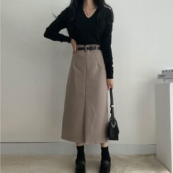 [SET]フロントスリットロングスカート+ベルト グレーベージュ