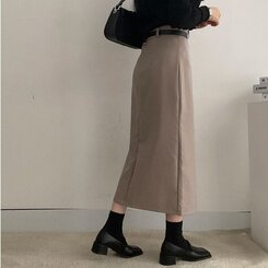 [SET]フロントスリットロングスカート+ベルト グレーベージュ