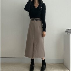 [SET]フロントスリットロングスカート+ベルト グレーベージュ