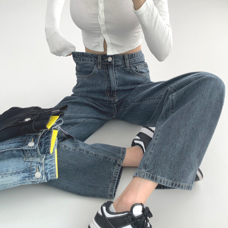 속밴딩 자신만만 워싱 롱와이드 극찬핏 데님팬츠 진청