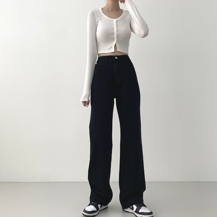 속밴딩 자신만만 워싱 롱와이드 극찬핏 데님팬츠 블랙