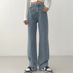 ウォッシングワイドロングデニムパンツ(丈選択可能/S~2XL) ライトブルー