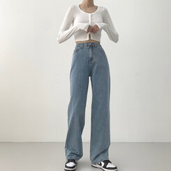 ウォッシングワイドロングデニムパンツ(丈選択可能/S~2XL) ライトブルー