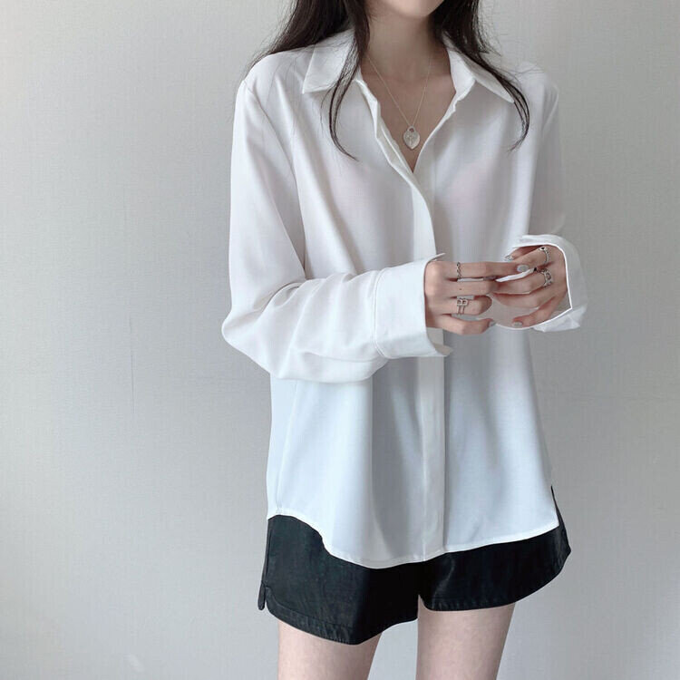 シークレットボタンルーズフィットシャツ10色 WHITE