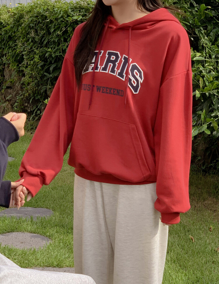 PARIS英文コットンフードパーカー レッド