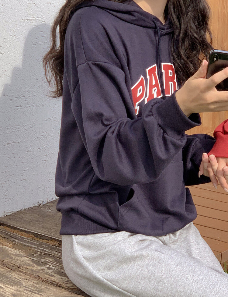 PARIS英文コットンフードパーカー ネイビー