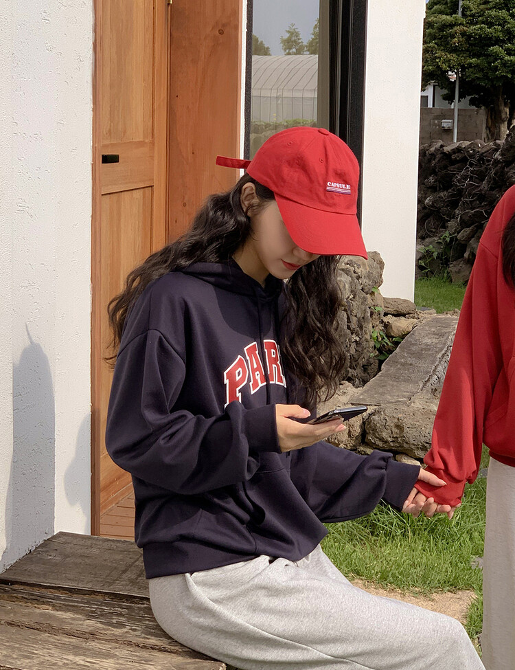 PARIS英文コットンフードパーカー ネイビー