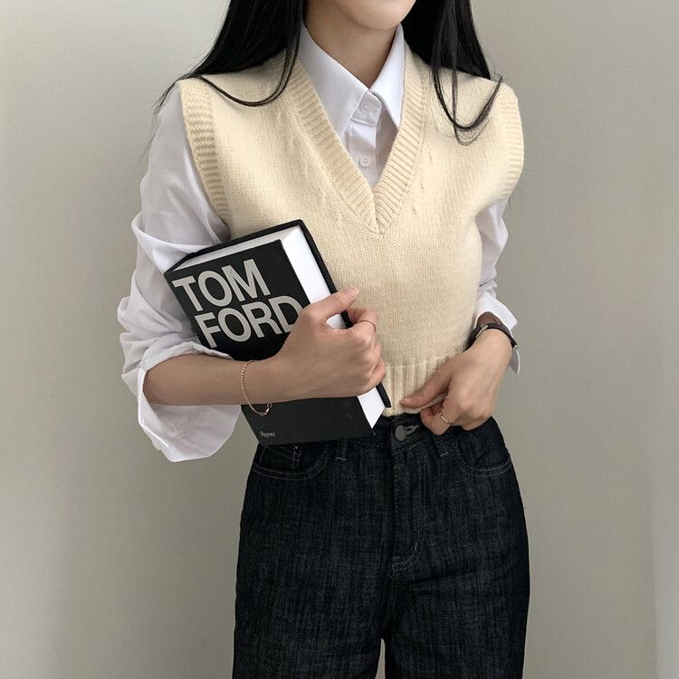 Vネックレイヤードクロップニットベスト5色｜ベスト｜韓国