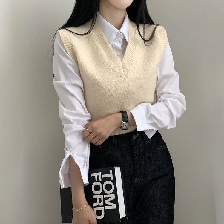 Vネックレイヤードクロップニットベスト5色｜ベスト｜韓国