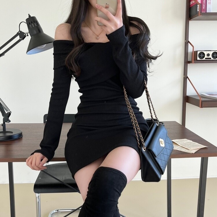 オフショルラップリブミニワンピース｜ミニワンピース｜韓国