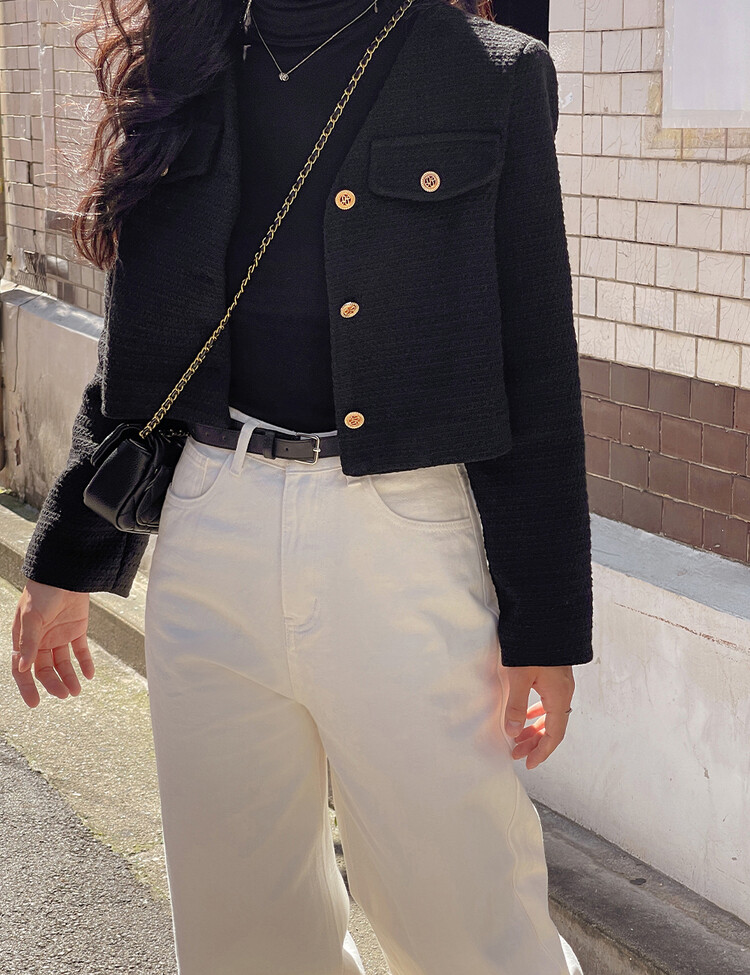 ✨리뷰극찬✨ 프렌치 시크 노카라 브이넥 트위드 자켓 블랙(브이넥)