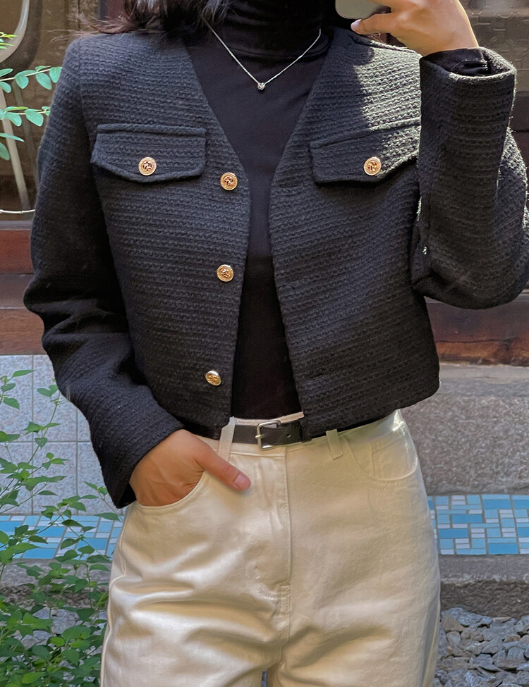 ✨리뷰극찬✨ 프렌치 시크 노카라 브이넥 트위드 자켓 블랙(브이넥)