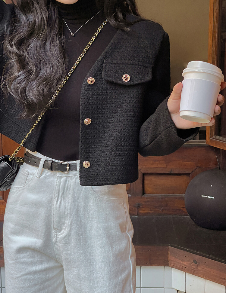 ✨리뷰극찬✨ 프렌치 시크 노카라 브이넥 트위드 자켓 블랙(브이넥)