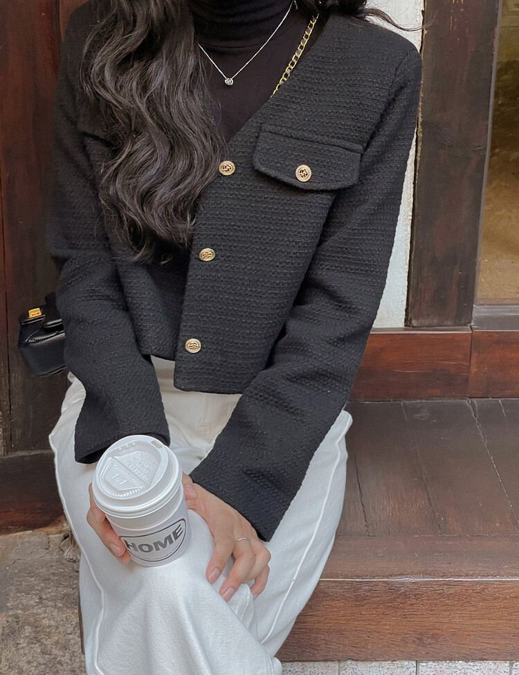 ✨리뷰극찬✨ 프렌치 시크 노카라 브이넥 트위드 자켓 블랙(브이넥)