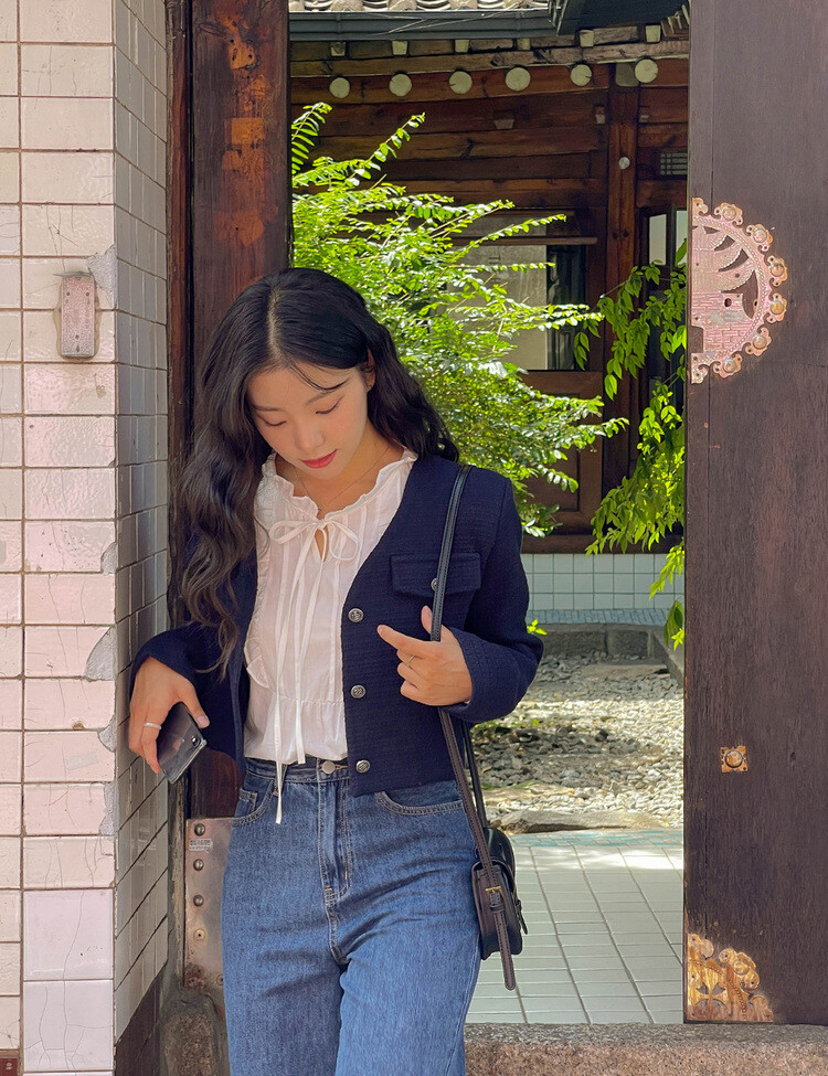 ✨리뷰극찬✨ 프렌치 시크 노카라 브이넥 트위드 자켓 네이비(브이넥)