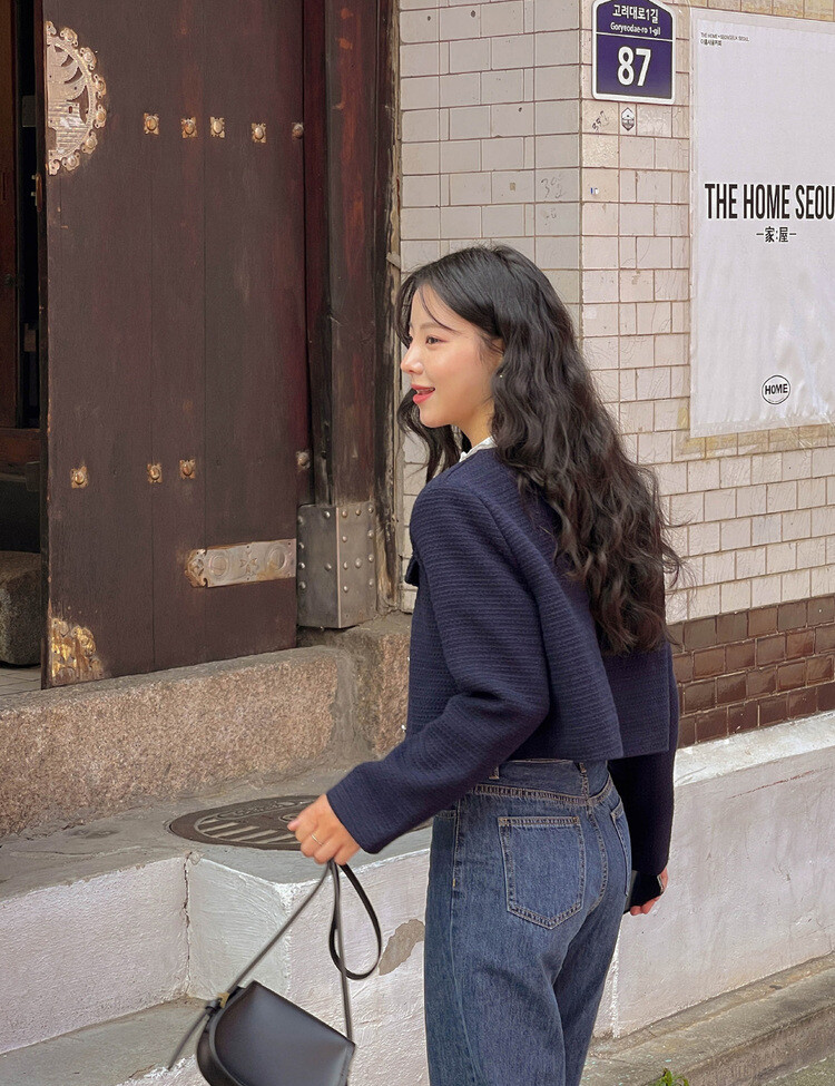 ✨리뷰극찬✨ 프렌치 시크 노카라 브이넥 트위드 자켓 네이비(브이넥)