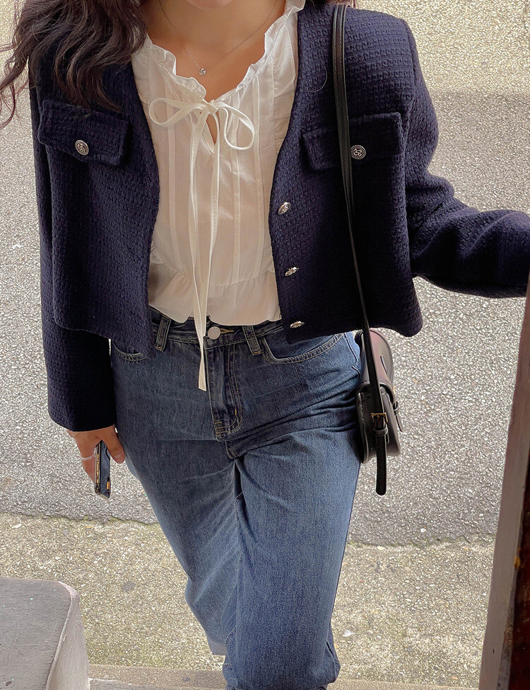 ✨리뷰극찬✨ 프렌치 시크 노카라 브이넥 트위드 자켓 네이비(브이넥)