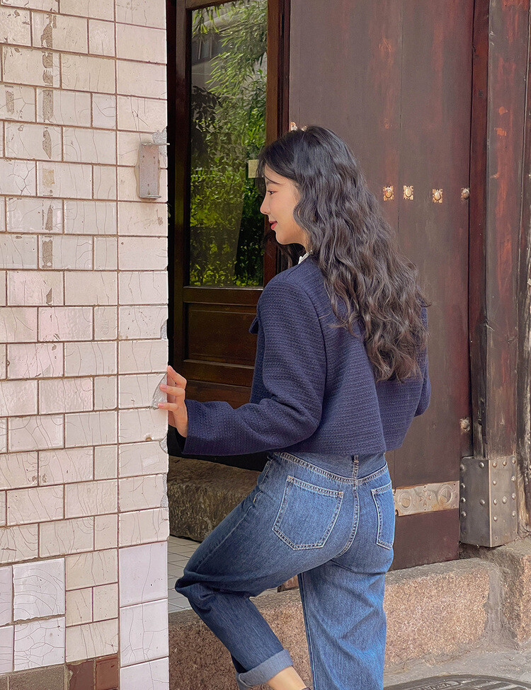 ✨리뷰극찬✨ 프렌치 시크 노카라 브이넥 트위드 자켓 네이비(브이넥)