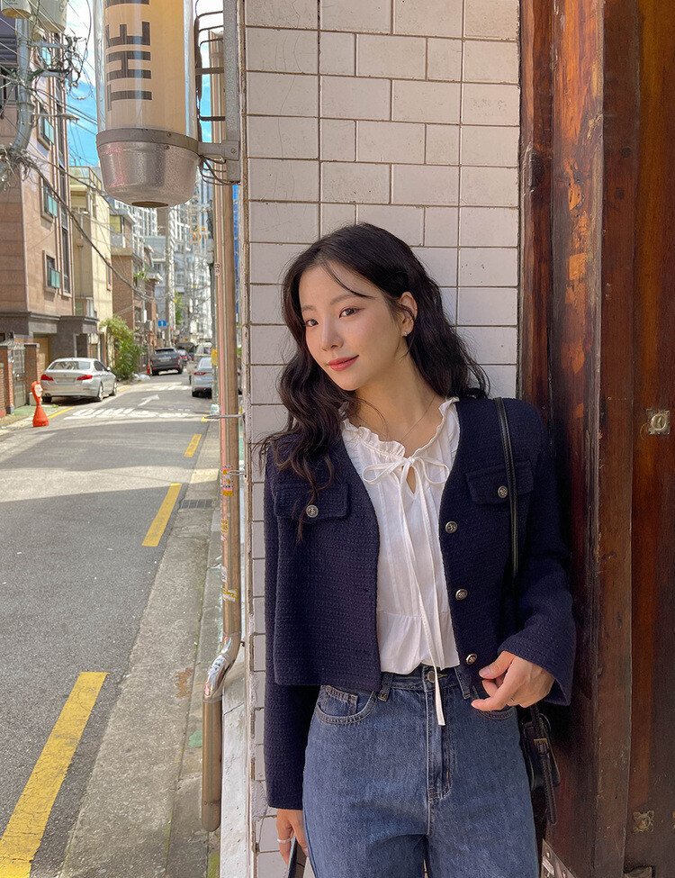 ✨리뷰극찬✨ 프렌치 시크 노카라 브이넥 트위드 자켓 네이비(브이넥)